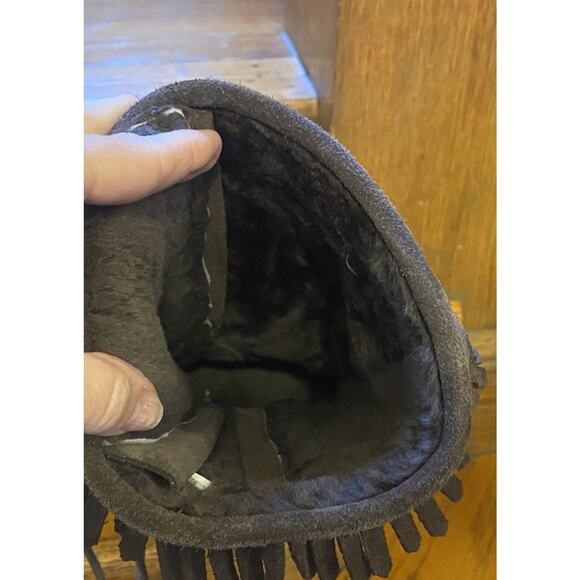 L.L. Bean Boots 10M Brown Suede Side Zip Lace Up Front Fringe Trim Moccasin Tall - Picture 6 of 9